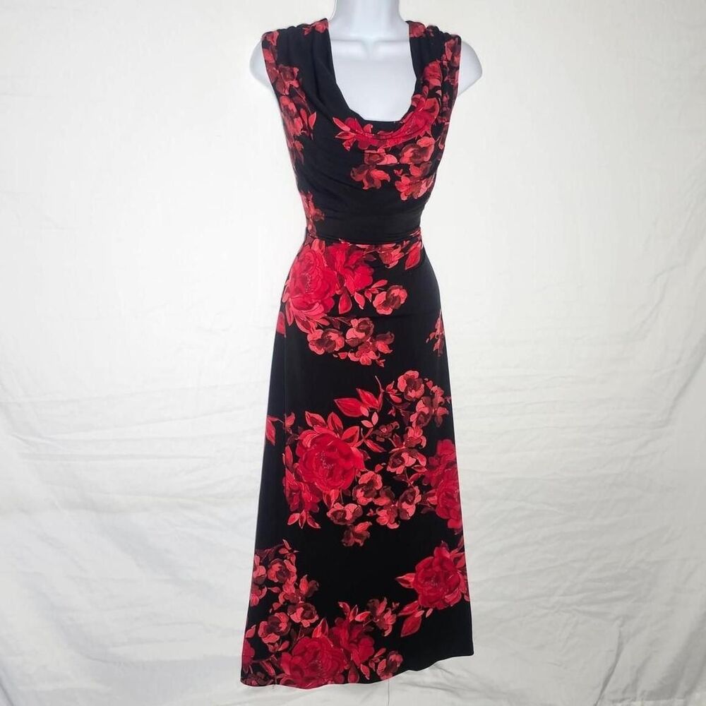 vintage y2k 2000s red floral roses cowl neck midi dress